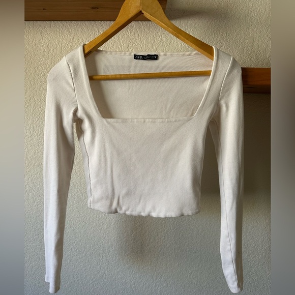 Zara White Long Sleeve Square Neck Top Ribbed Size Small - Picture 4 of 6